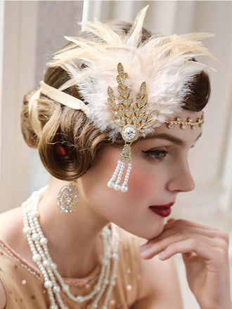 Bandeau de bal Gatsby orné de plumes et de strass années 1920