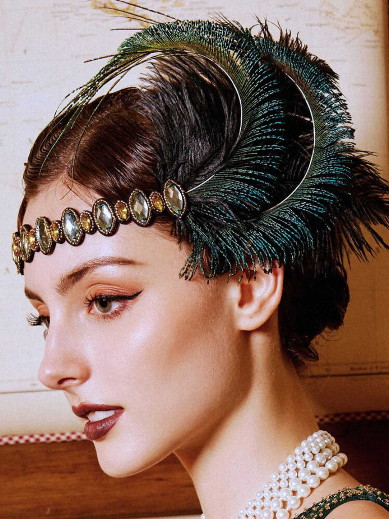 Bandeau Gatsby plumes de paon strass années 1920