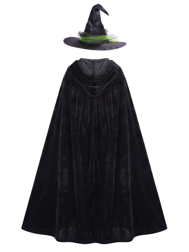 Cape noire de sorcière en velours à capuche avec chapeau pour Halloween Années 1980 - 2