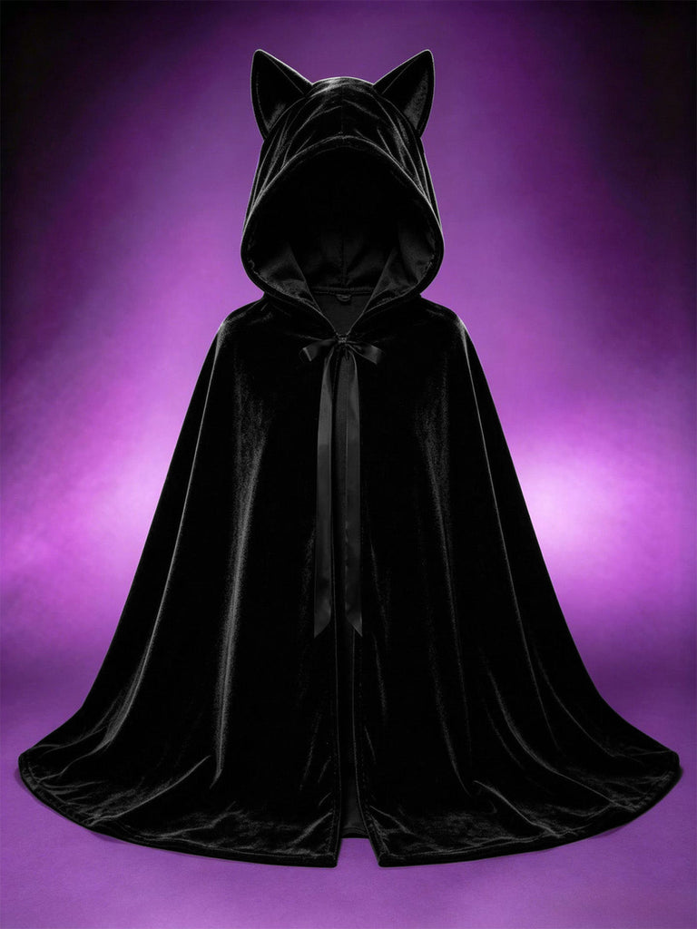 Cape gothique noire d’Halloween en peluche à capuche et oreilles de chat Années 1930 - 3