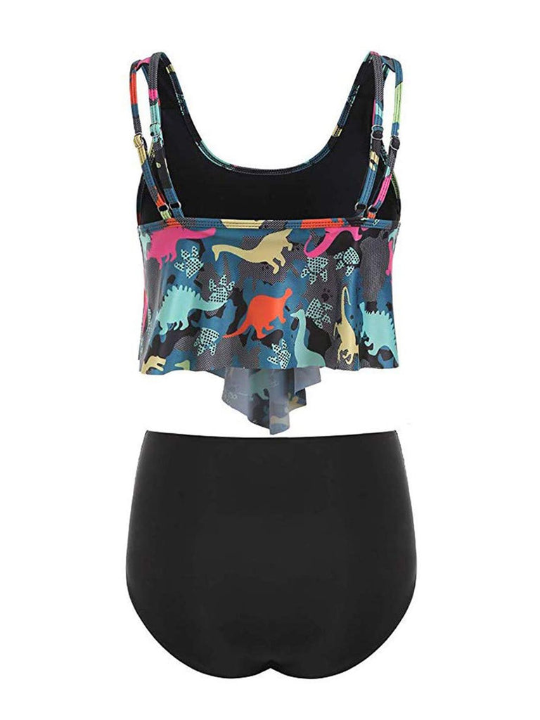 Ensemble Tankini Gris Foncé 1970s Retro Dinosaure