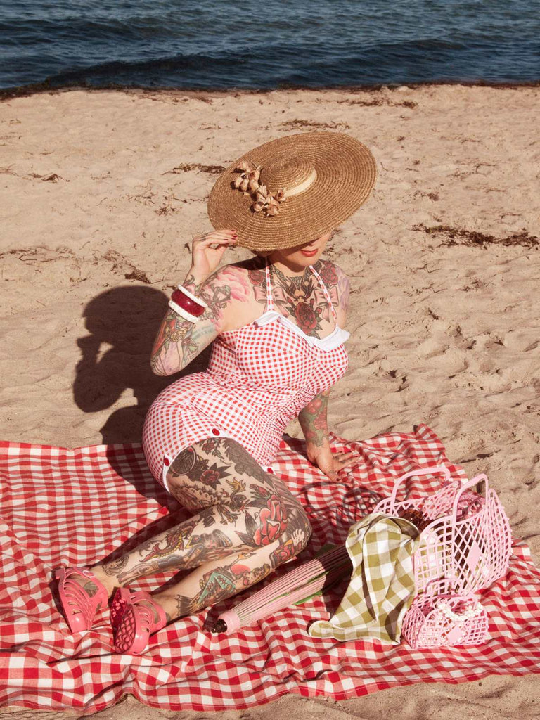 Maillot de bain une pièce rayé à pois et à nœud papillon années 1950