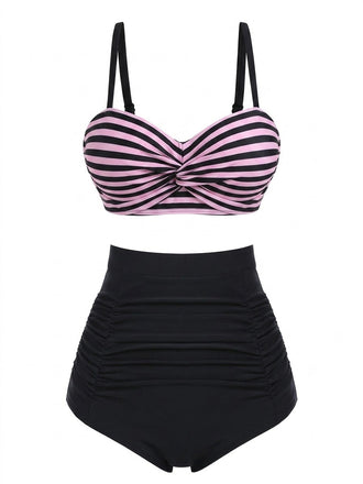 Ensemble Bikini à Bretelles Fines Rayé Rose Années 1950