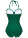 Maillot de bain vert foncé à licou à lacets solide des années 1940