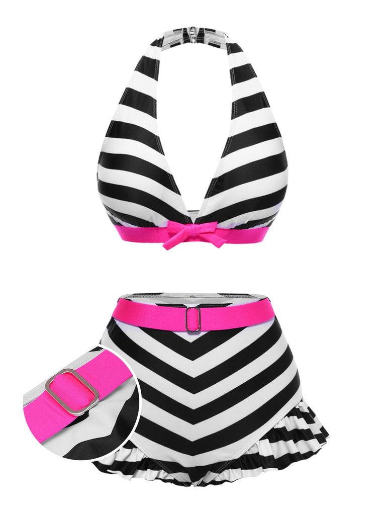 Bikini noir à rayures contrastées et volants années 1950