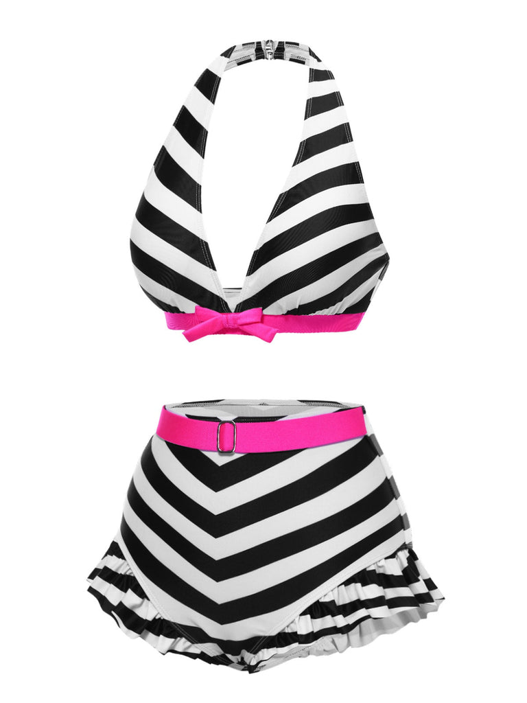 Bikini noir à rayures contrastées et volants années 1950