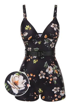 Maillot de bain noir à bretelles boxer fleuries années 40