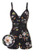 Maillot de bain noir à bretelles boxer fleuries années 40