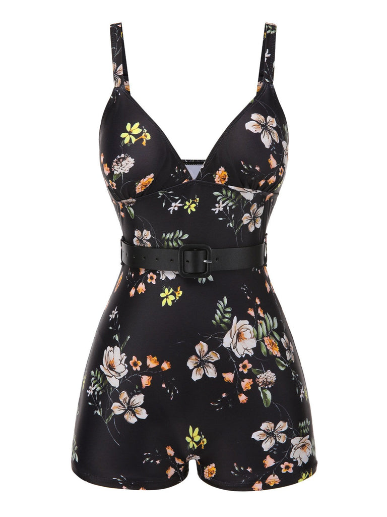Maillot de bain noir à bretelles boxer fleuries années 40