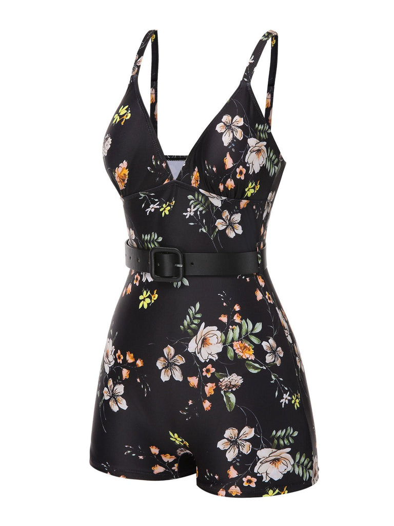 Maillot de bain noir à bretelles boxer fleuries années 40