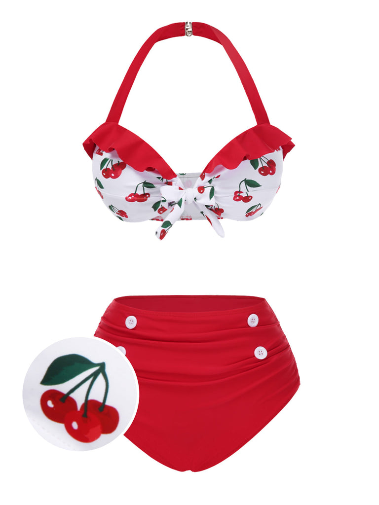 Ensemble bikini rouge à volants et col licou cerise des années 1950