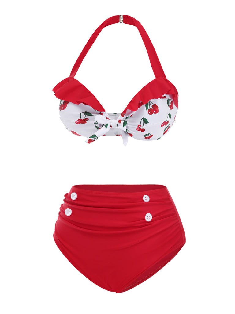 Ensemble bikini rouge à volants et col licou cerise des années 1950