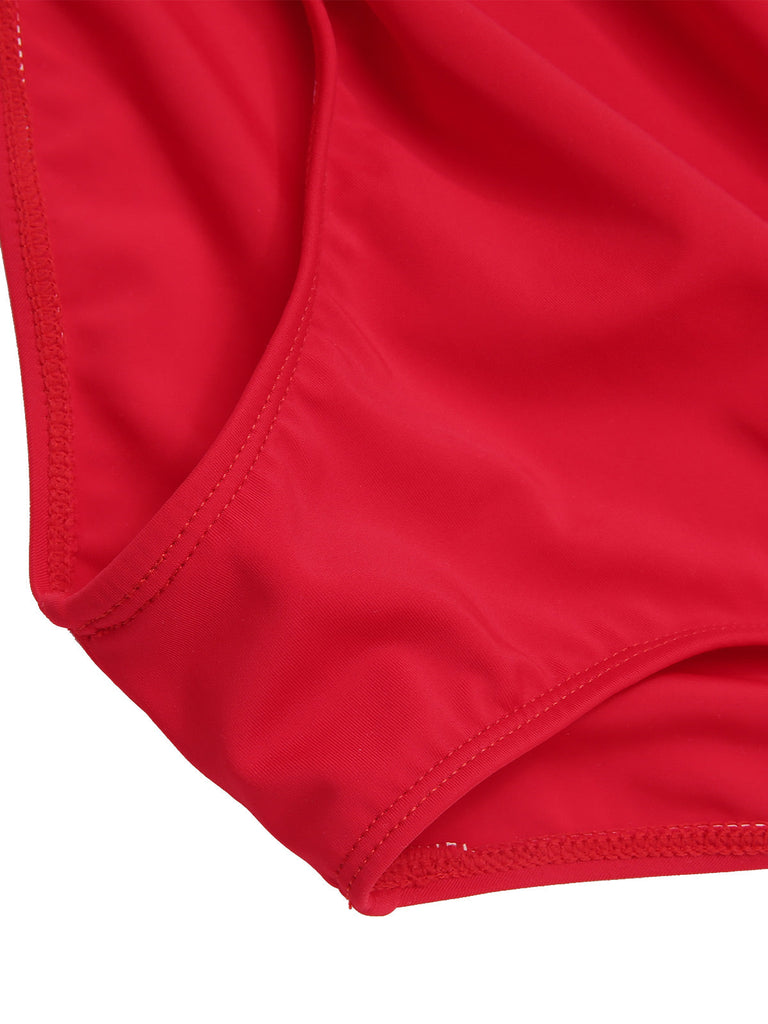Ensemble bikini rouge à volants et col licou cerise des années 1950