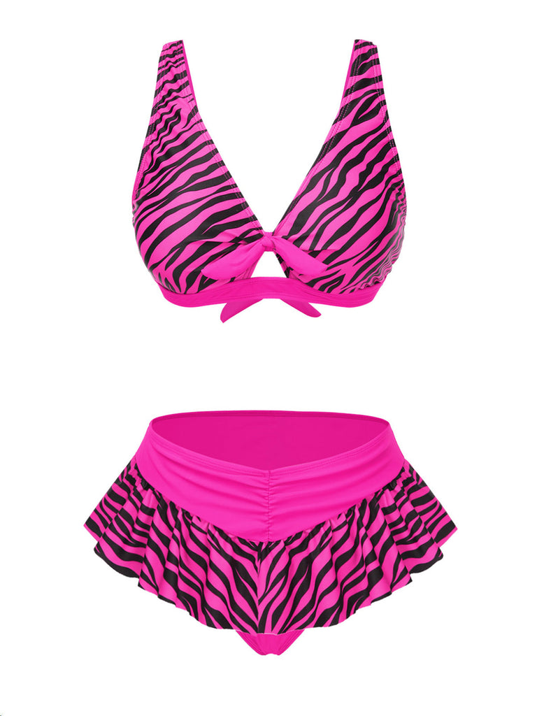 Ensemble bikini imprimé zèbre à bretelles rose années 1950