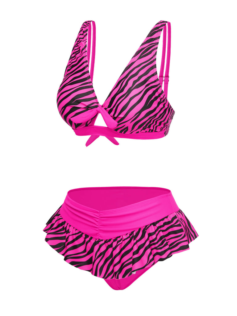Ensemble bikini imprimé zèbre à bretelles rose années 1950