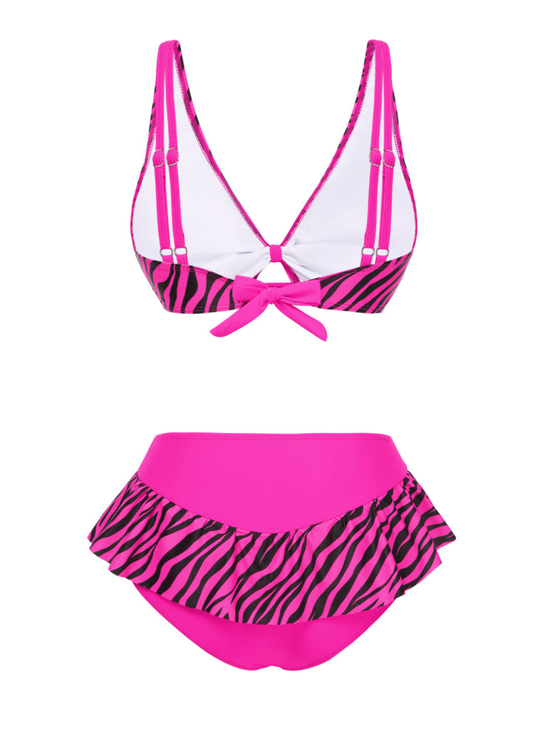 Ensemble bikini imprimé zèbre à bretelles rose années 1950