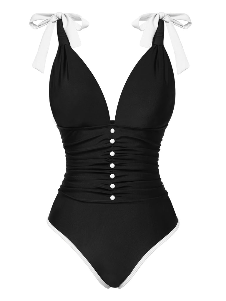 Maillot de bain noir uni à lacets et épaules froncéesa années 1950