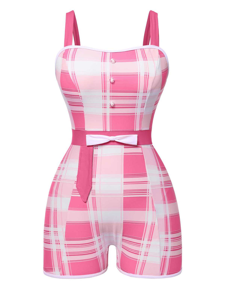 Maillot de bain une pièce carreaux rose à bretelles et nœud années 1950