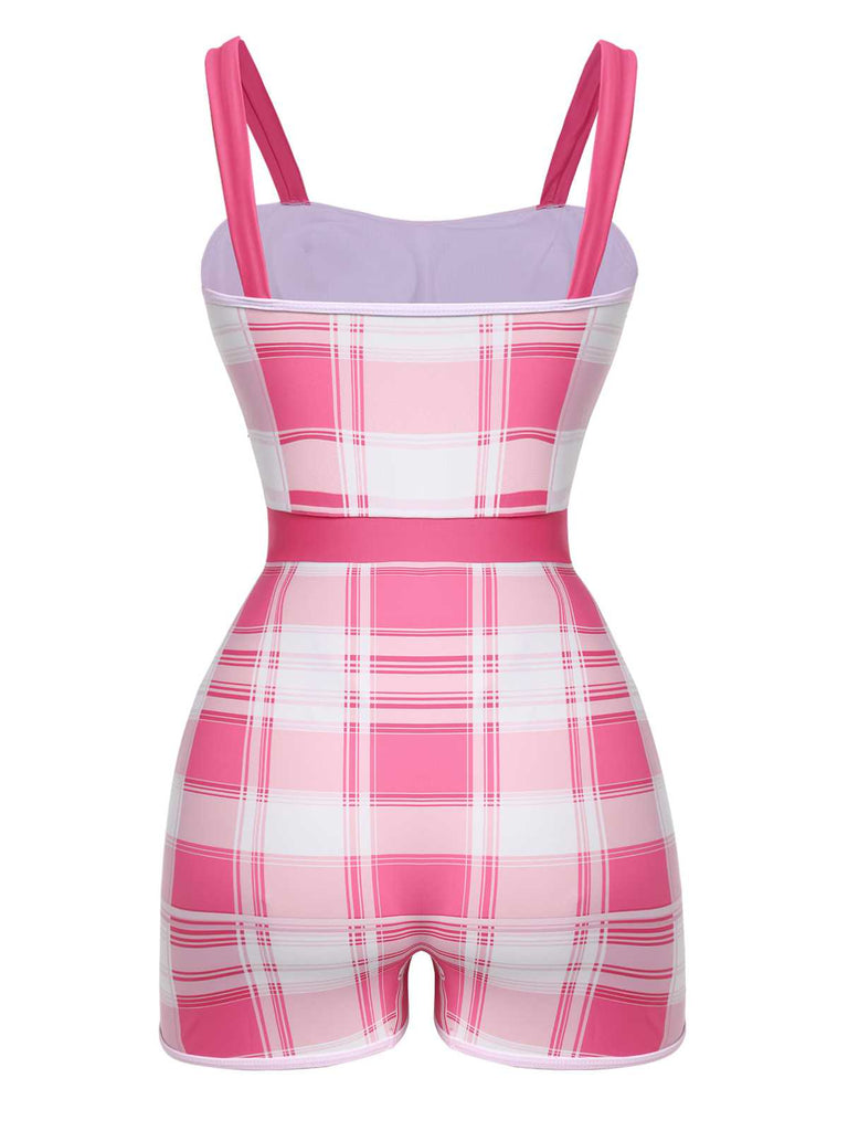 Maillot de bain une pièce carreaux rose à bretelles et nœud années 1950