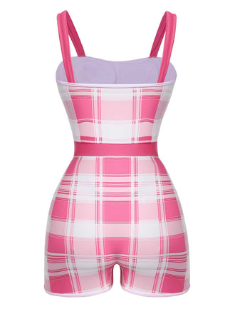Maillot de bain une pièce carreaux rose à bretelles et nœud années 1950