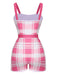Maillot de bain une pièce carreaux rose à bretelles et nœud années 1950