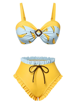 Ensemble de bikini patchwork jaune à volants banane des années 1950