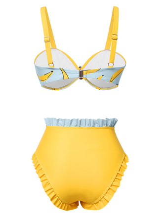 Ensemble de bikini patchwork jaune à volants banane des années 1950