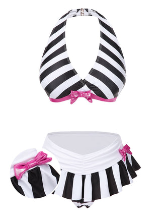 Bikini dos nu à rayures noires et blanches avec nœud années 1950