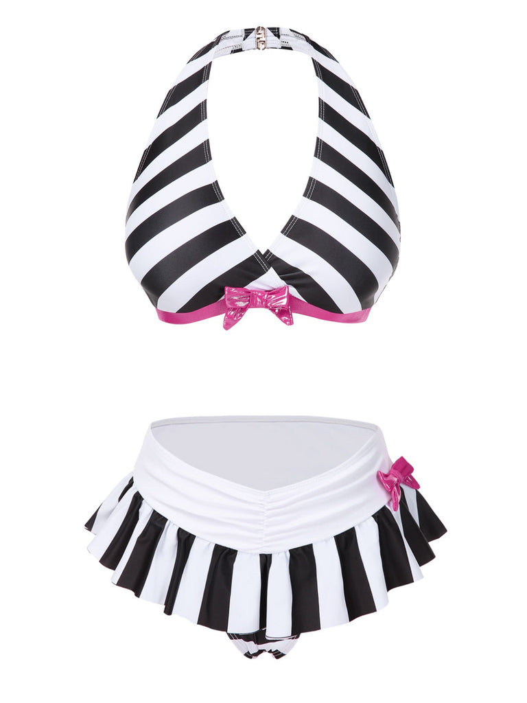 Bikini dos nu à rayures noires et blanches avec nœud années 1950
