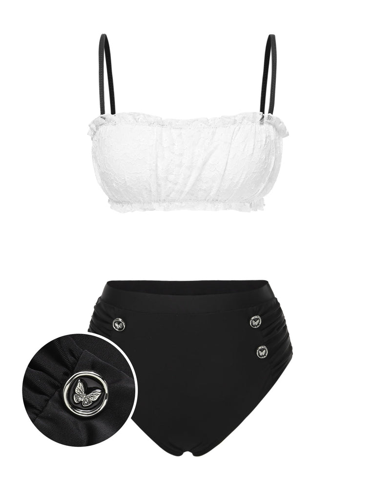Ensemble bikini en dentelle colorblock noir et blanc années 1930