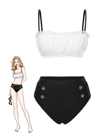 Ensemble bikini en dentelle colorblock noir et blanc années 1930