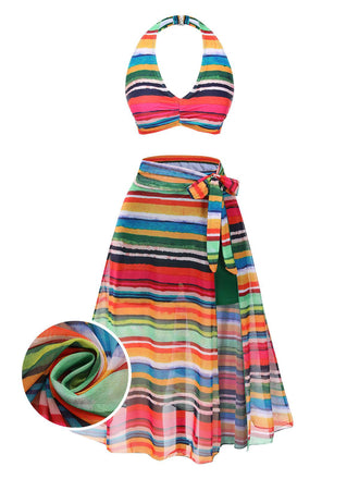 Maillot de bain multicolore à rayures Boho 1970 avec Cache Maillot