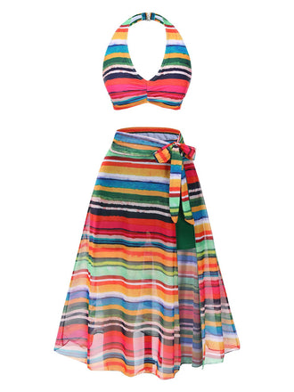 Maillot de bain multicolore à rayures Boho 1970 avec Cache Maillot