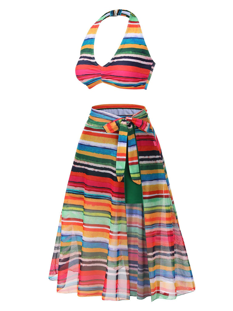 Maillot de bain multicolore à rayures Boho 1970 avec Cache Maillot