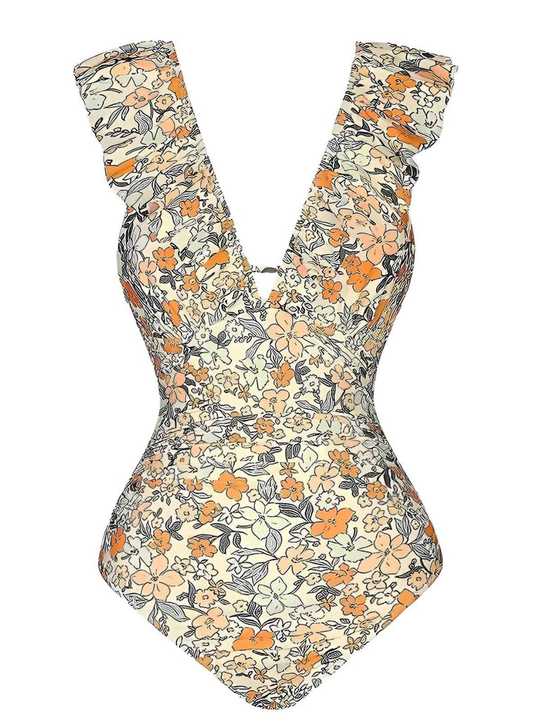 Maillot de bain multicolore à volants floraux et dos creux des années 1950