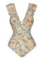 Maillot de bain multicolore à volants floraux et dos creux des années 1950
