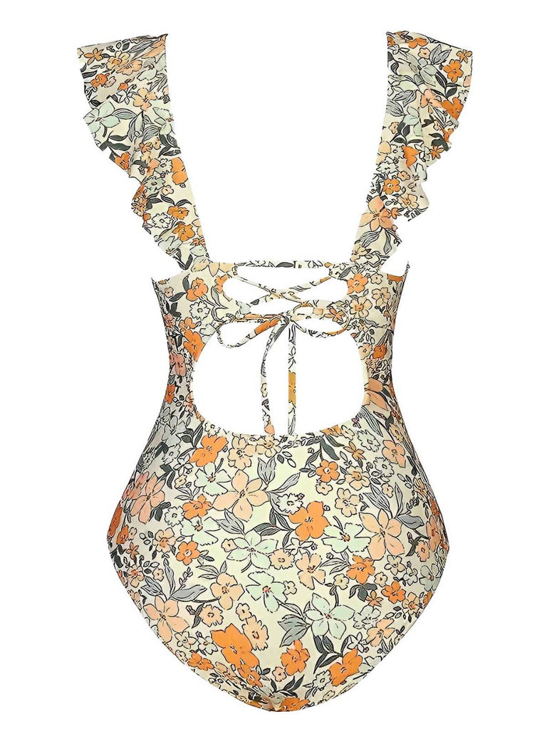 Maillot de bain multicolore à volants floraux et dos creux des années 1950