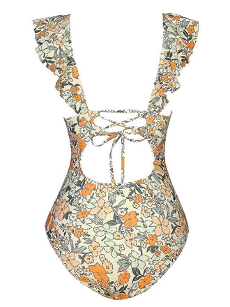 Maillot de bain multicolore à volants floraux et dos creux des années 1950