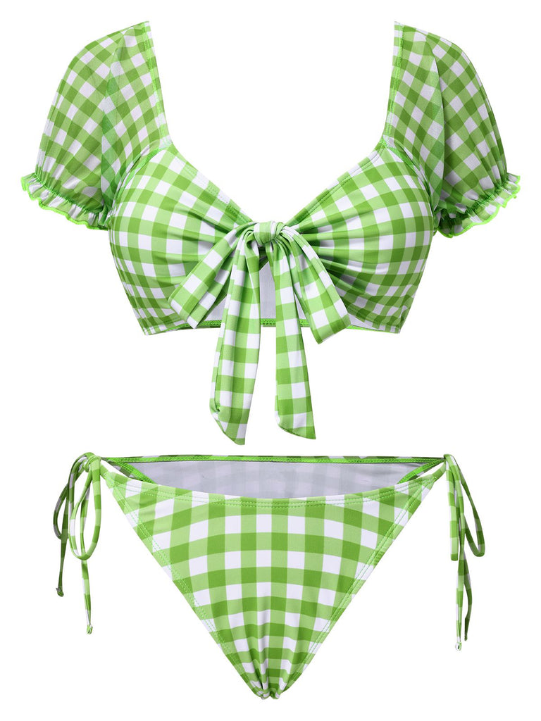 Ensemble bikini vert manches bouffantes carreaux vichy des années 1960