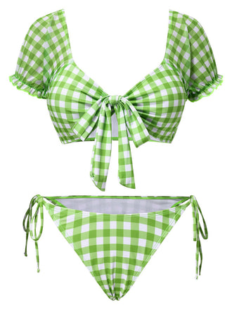 Ensemble bikini vert manches bouffantes carreaux vichy des années 1960