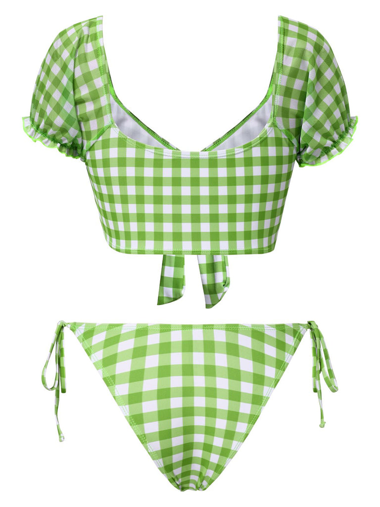 Ensemble bikini vert manches bouffantes carreaux vichy des années 1960