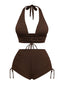Ensemble bikini marron uni col V profond à lacets dos nu années 1950