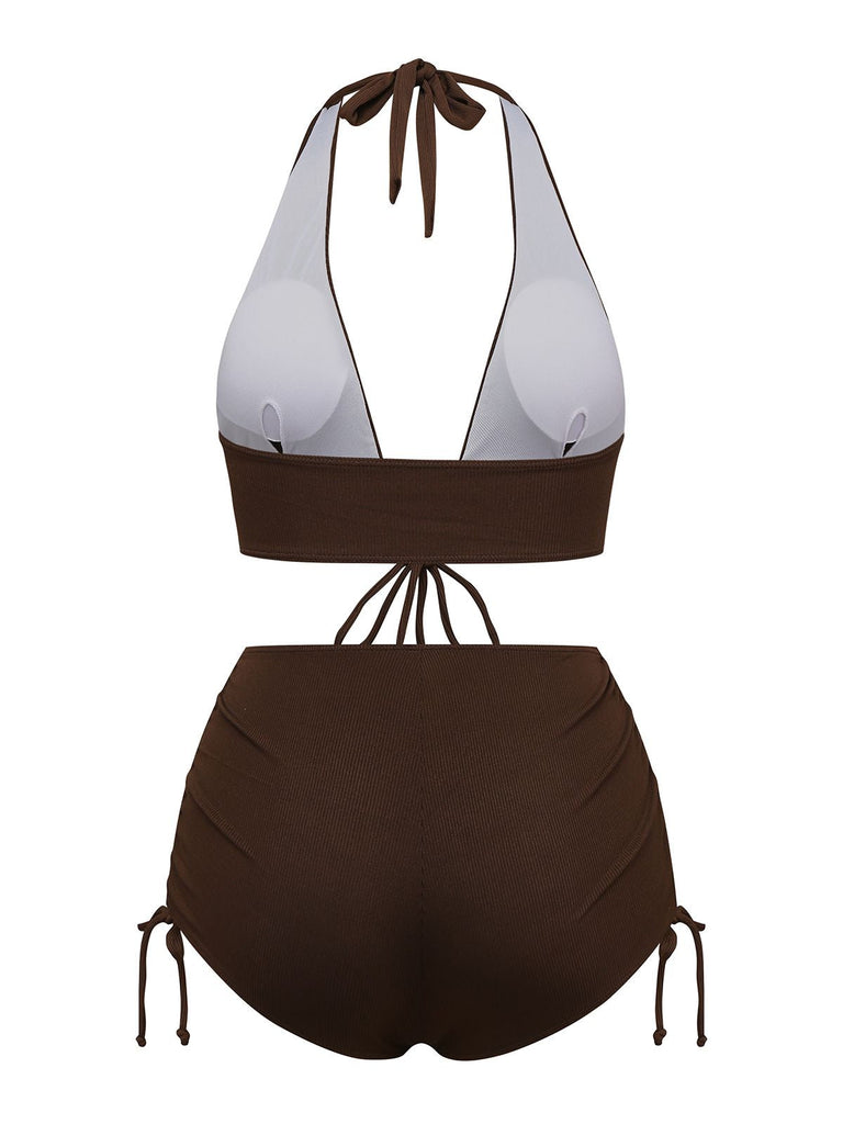 Ensemble bikini marron uni col V profond à lacets dos nu années 1950