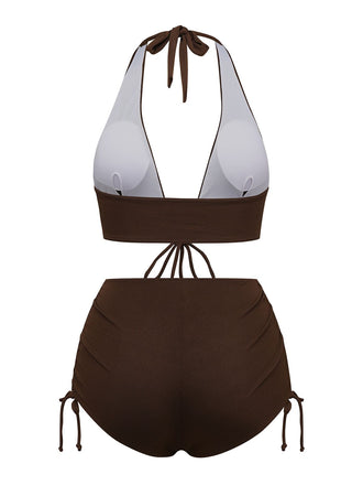 Ensemble bikini marron uni col V profond à lacets dos nu années 1950