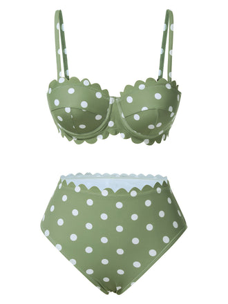 Bikini vert à pois et bordures pétales des années 1940