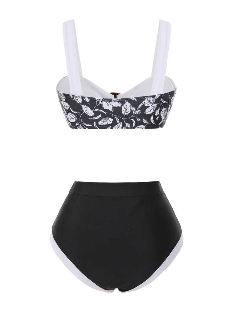 Ensemble bikini noir à motif floral Hepburn des années 1940