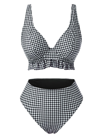 Ensemble bikini noir à carreaux col V profond à volants années 1950