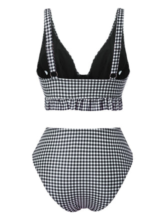 Ensemble bikini noir à carreaux col V profond à volants années 1950