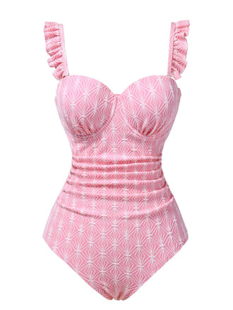 Maillot de bain une pièce rose à volants géométriques des années 1950