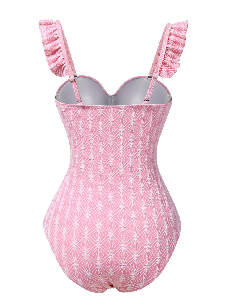 Maillot de bain une pièce rose à volants géométriques des années 1950